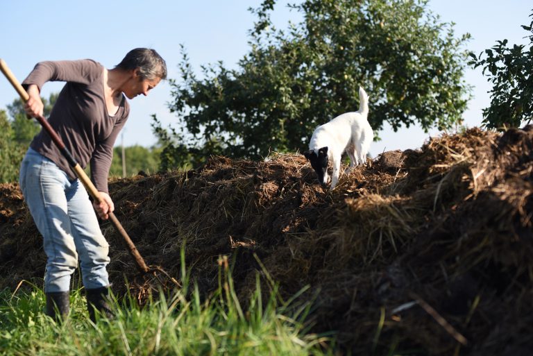 Agricultrice retourne la terre avec une fourche. 